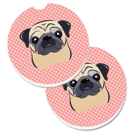 Carolines Treasures Checkerboard Pink and Fawn Pug  Cup Holder Car Coaster, PK2 BB1262CARC